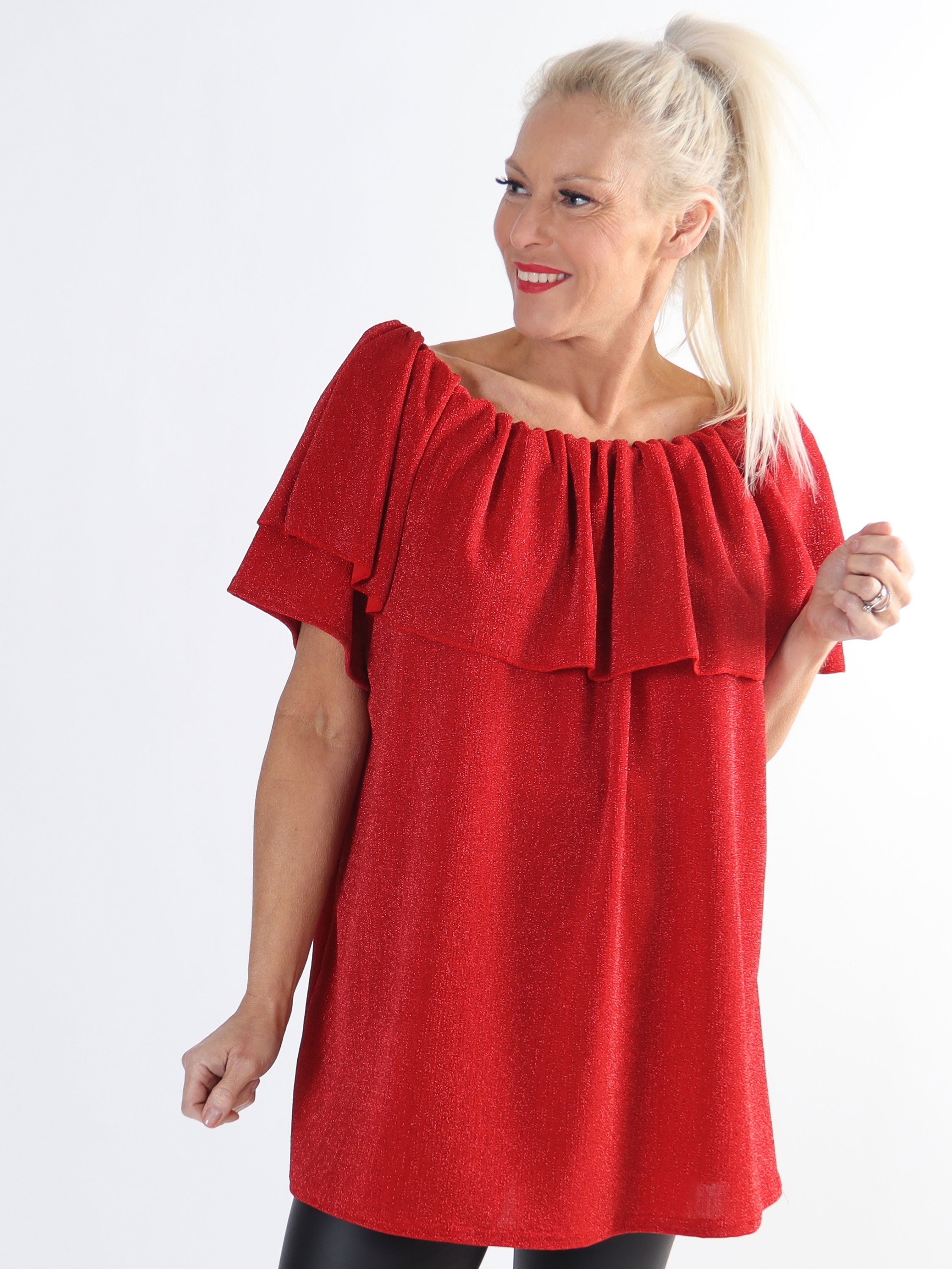 Maily - Plus size off shoulder bluse med glimmertråde